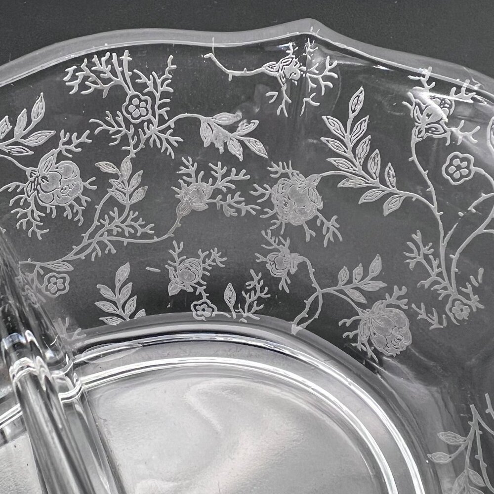Vintage Fostoria Baroque Navarre Etched Glass Divided Serving Dish Floral Design - Picture 8 of 15